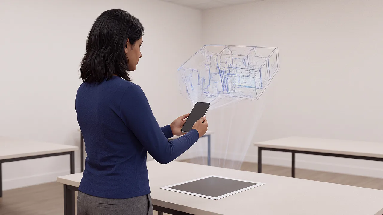 A facilitator views a 3D structure. A VR training scenario for what is augmented reality.