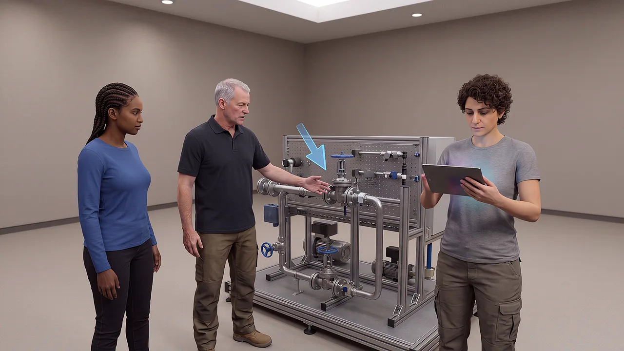Three people display a guidance arrow. A VR training scenario for what is augmented reality.