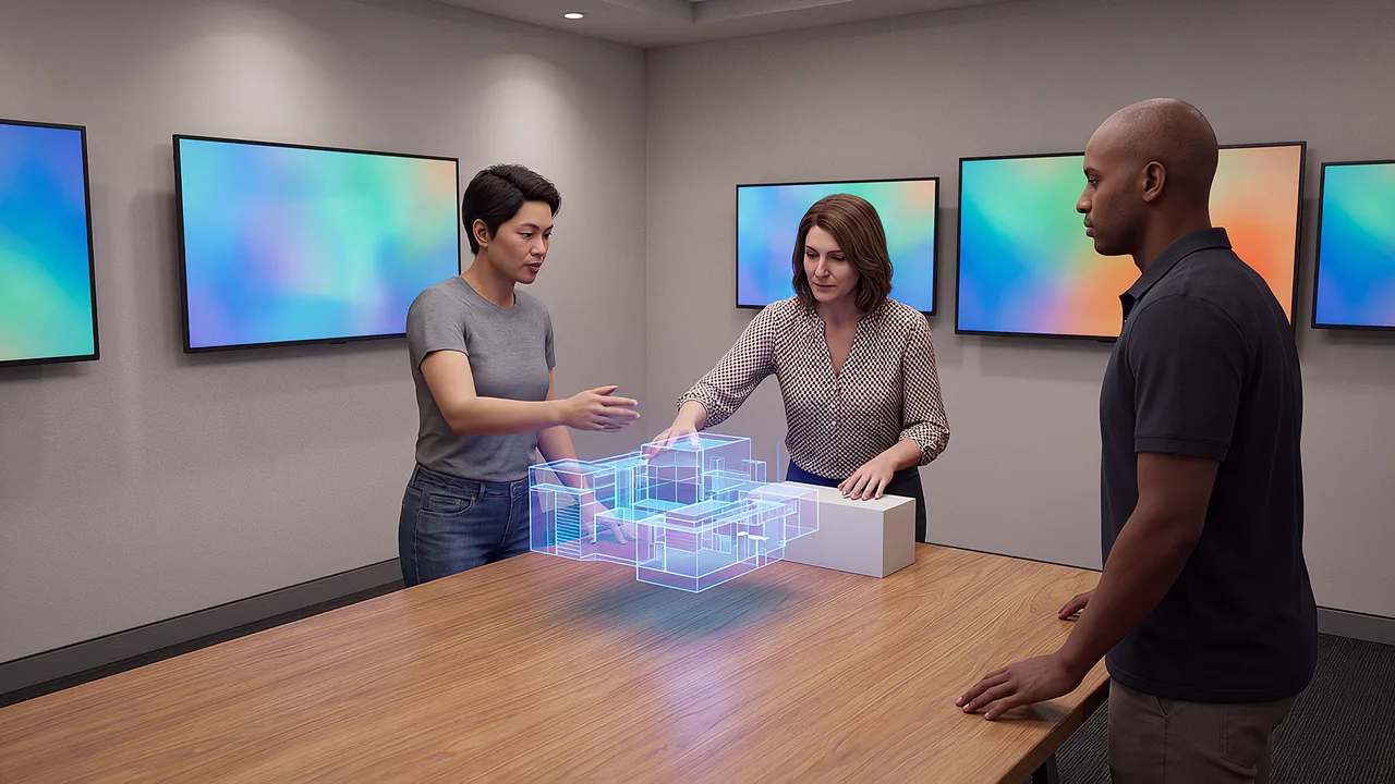 Three people gather around a table model. A VR training scenario for choosing the right technology.