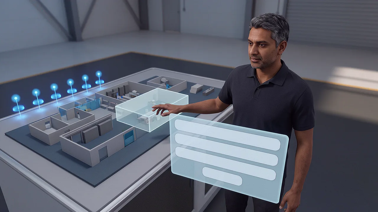 A person reaches into a miniature scale replica of a facility, floating panels of data beside it. A first person MR scenario for AI and XR.