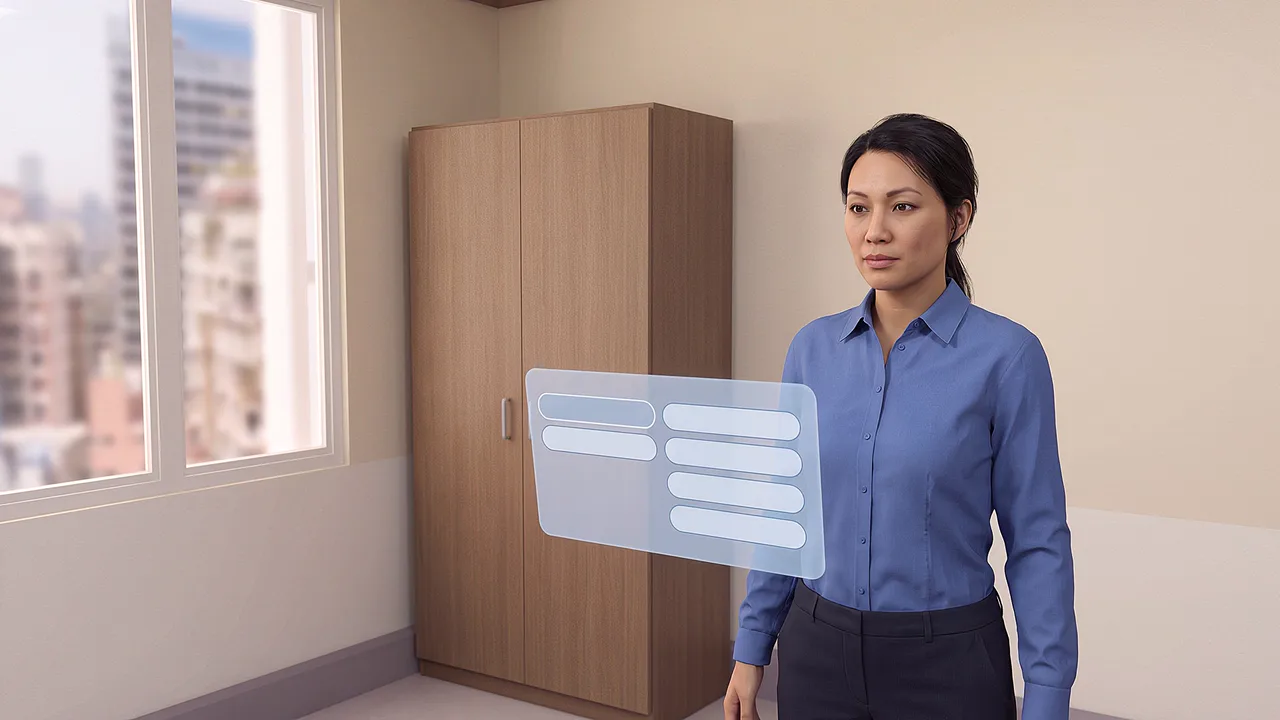 A person stands beside a floating knowledge panel in a room. A first person MR scenario for AI and XR.