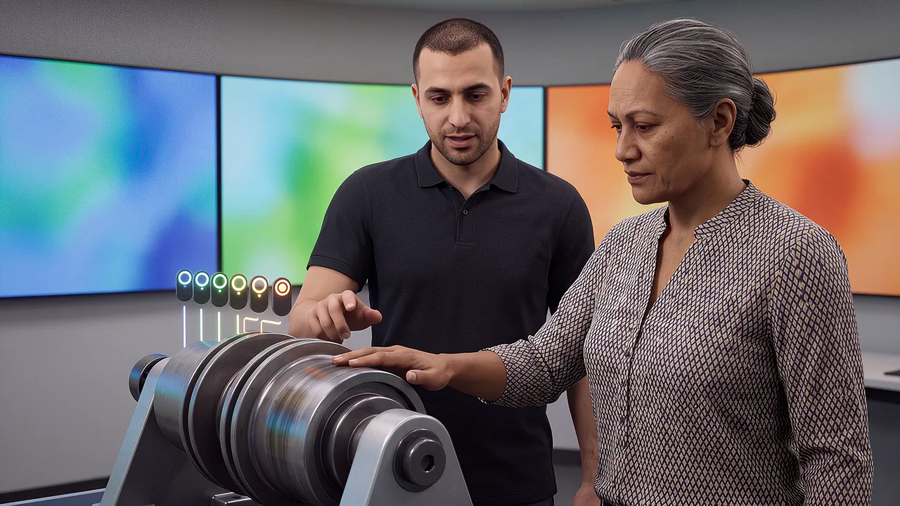 Two people inspect lights beside a model. A VR training scenario for what is a digital twin.