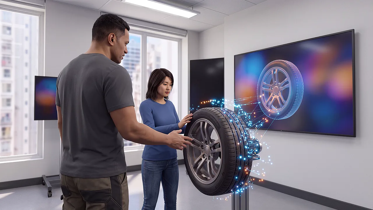 A learner turns a wheel beside its replica. A VR training scenario for what is a digital twin.