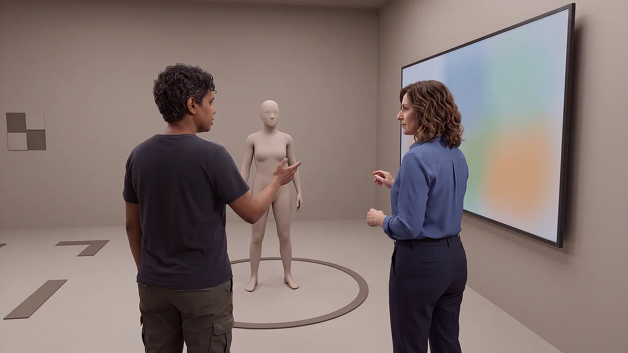 Two designers arrange markers and a ring. A VR training scenario for what is a digital twin.