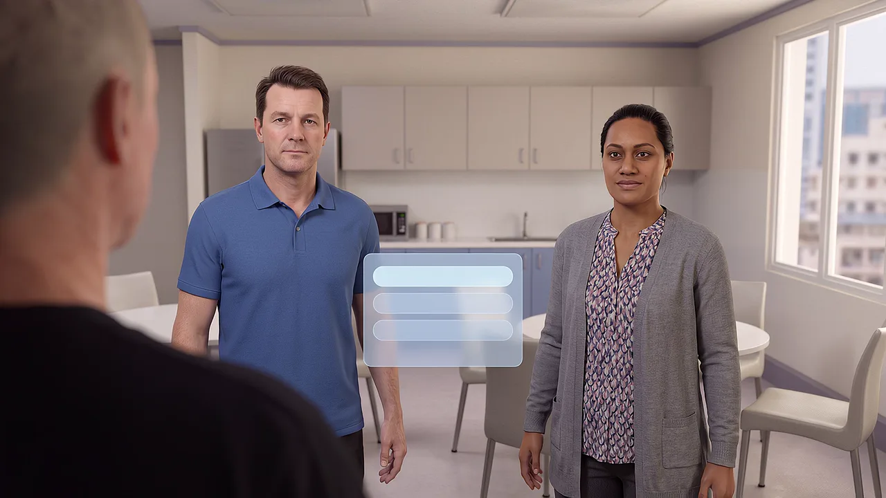 Two colleagues stand in a lunch area with a floating panel of responses between them, seen through the headset.