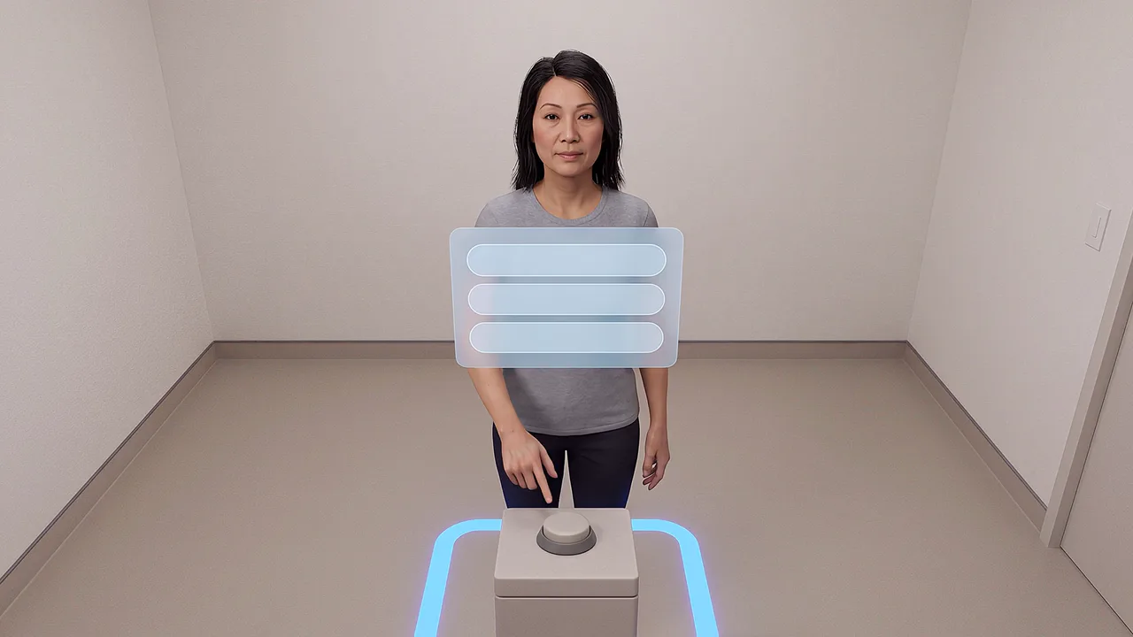 An instructor stands beside glowing paths. A first person VR training scenario for immersive VR training questions answered, seen through the headset.