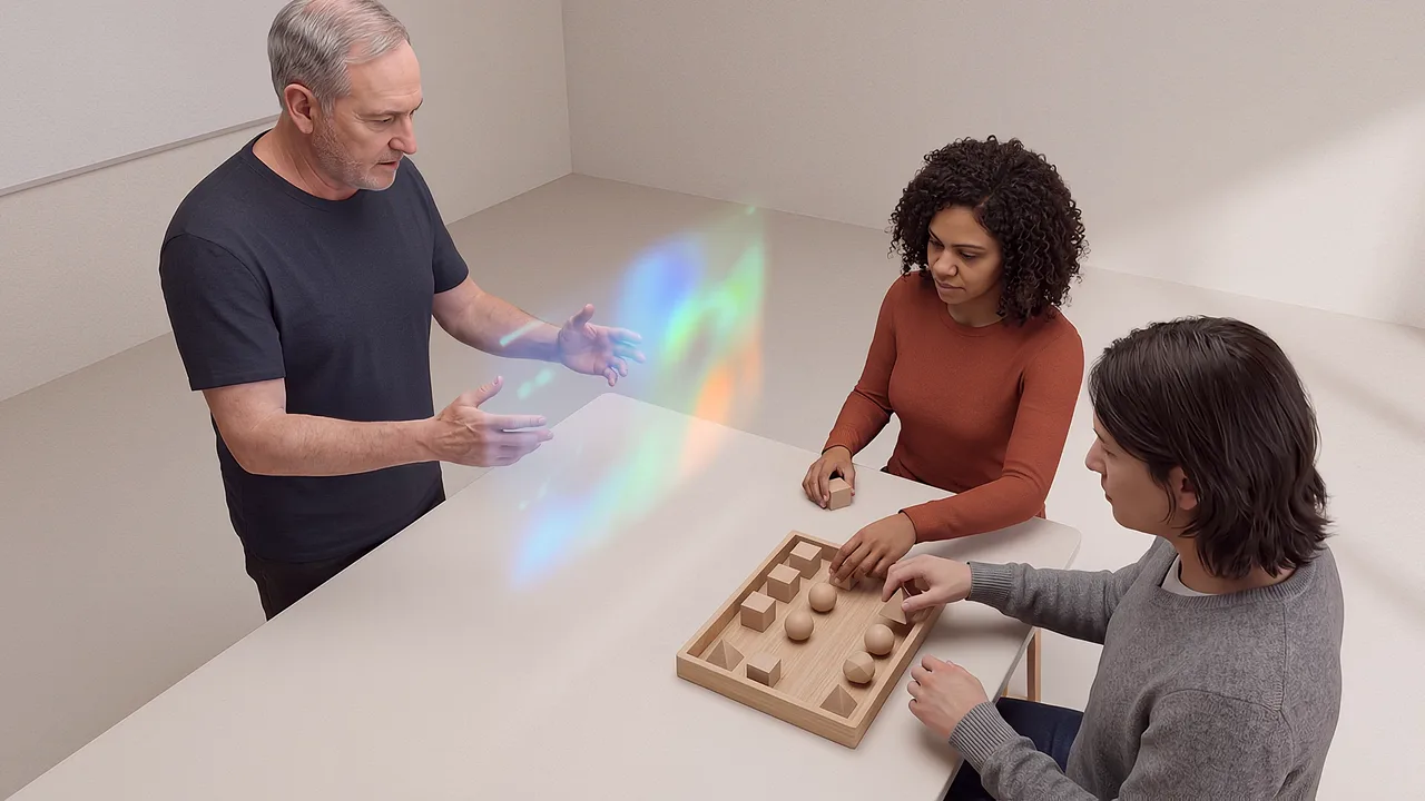 Three people sort tokens beside an analytics display. A VR training scenario for immersive VR training questions answered.