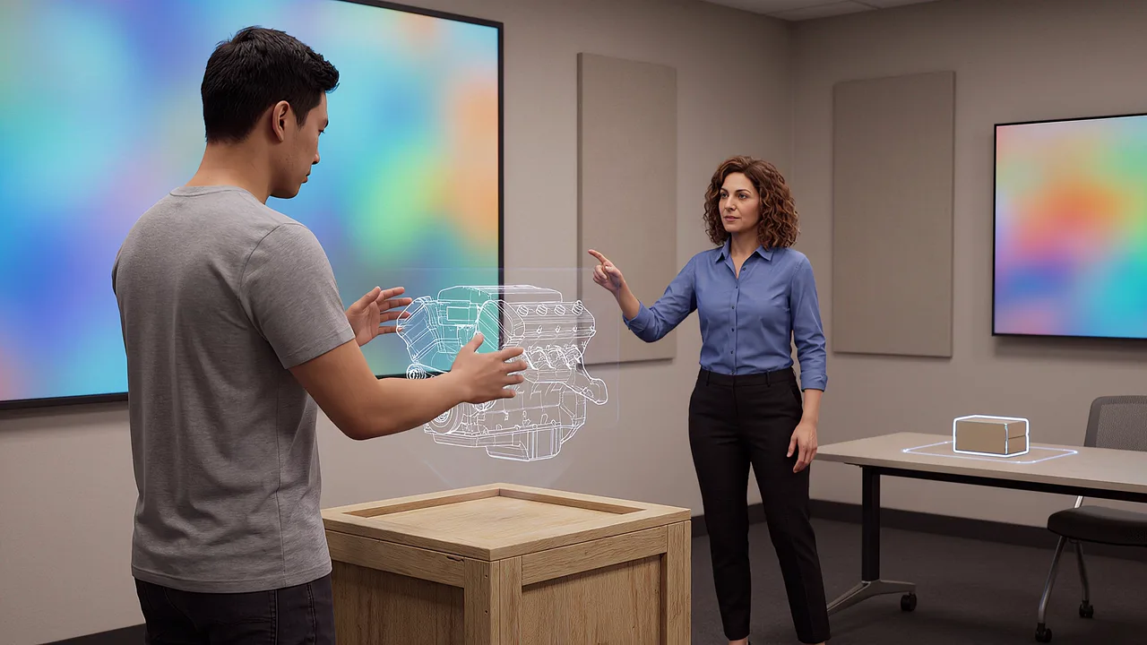 Two people compare three technology formats. A VR training scenario for VR vs AR vs MR differences.