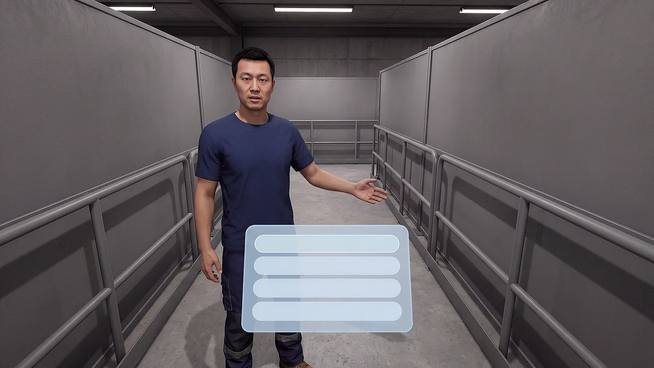 A first person view of a confined space. A VR training scenario for VR vs AR vs MR differences, seen through the headset.