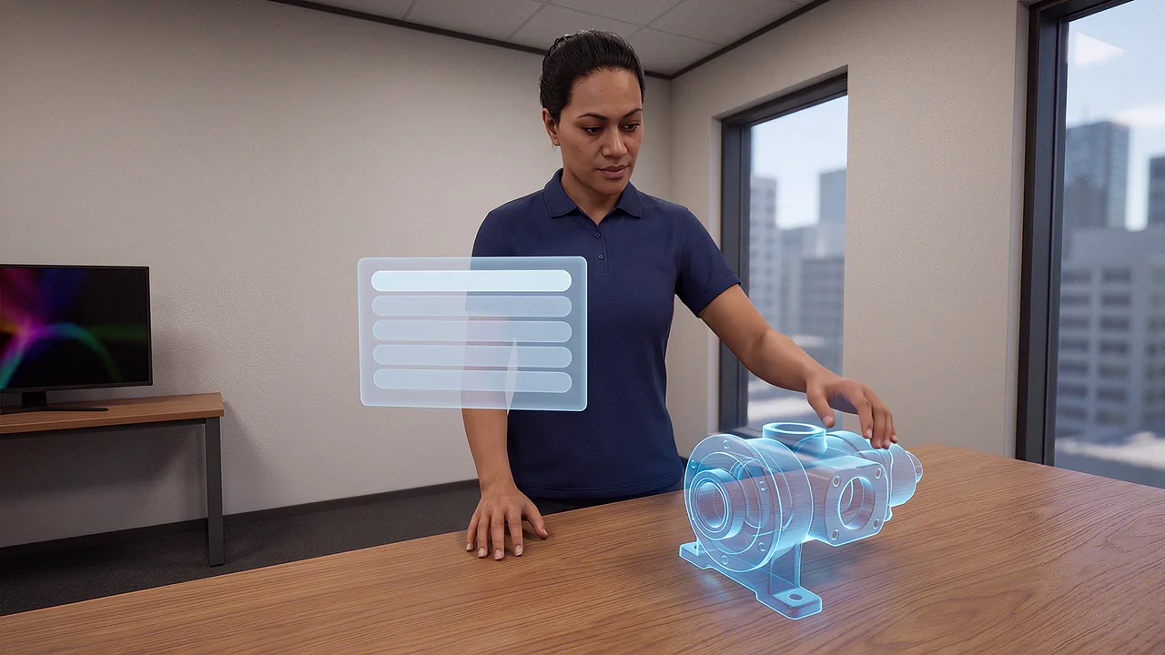 A collaborator rotates a model on a desk. A first person VR training scenario for VR vs AR vs MR differences, seen through the headset.