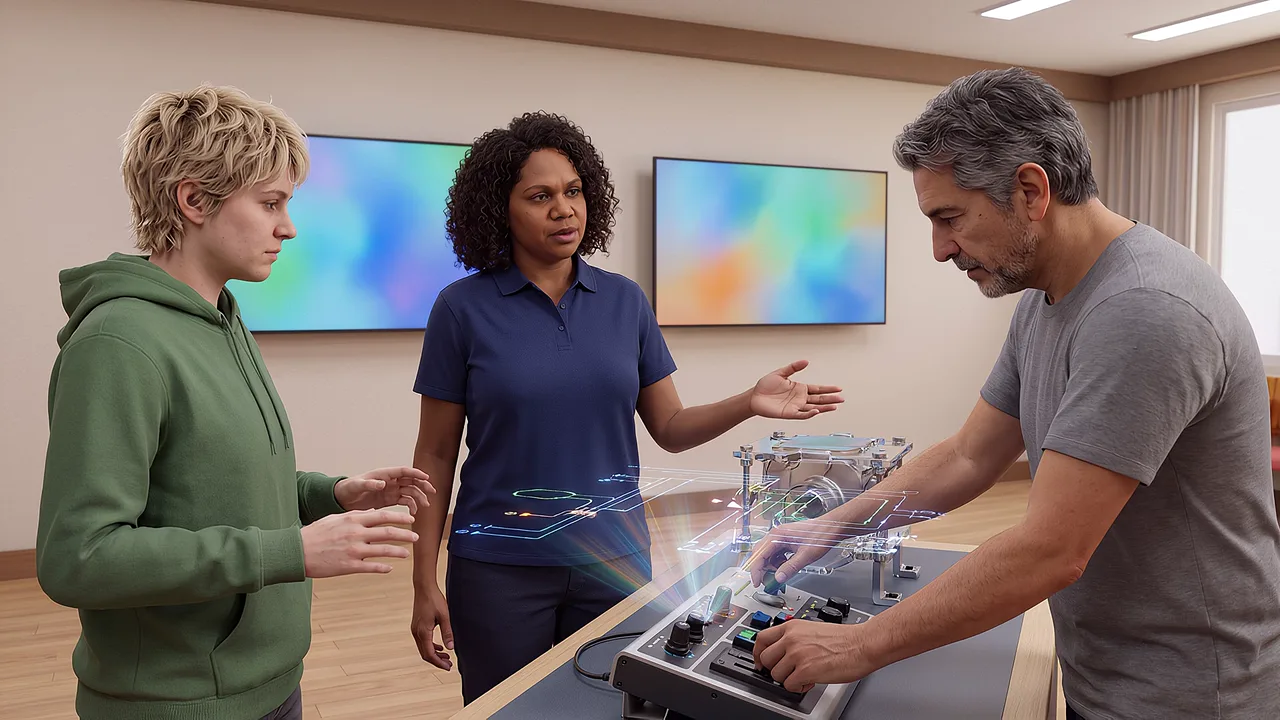 Three people handle a real training tool. A VR training scenario for VR vs AR vs MR differences.
