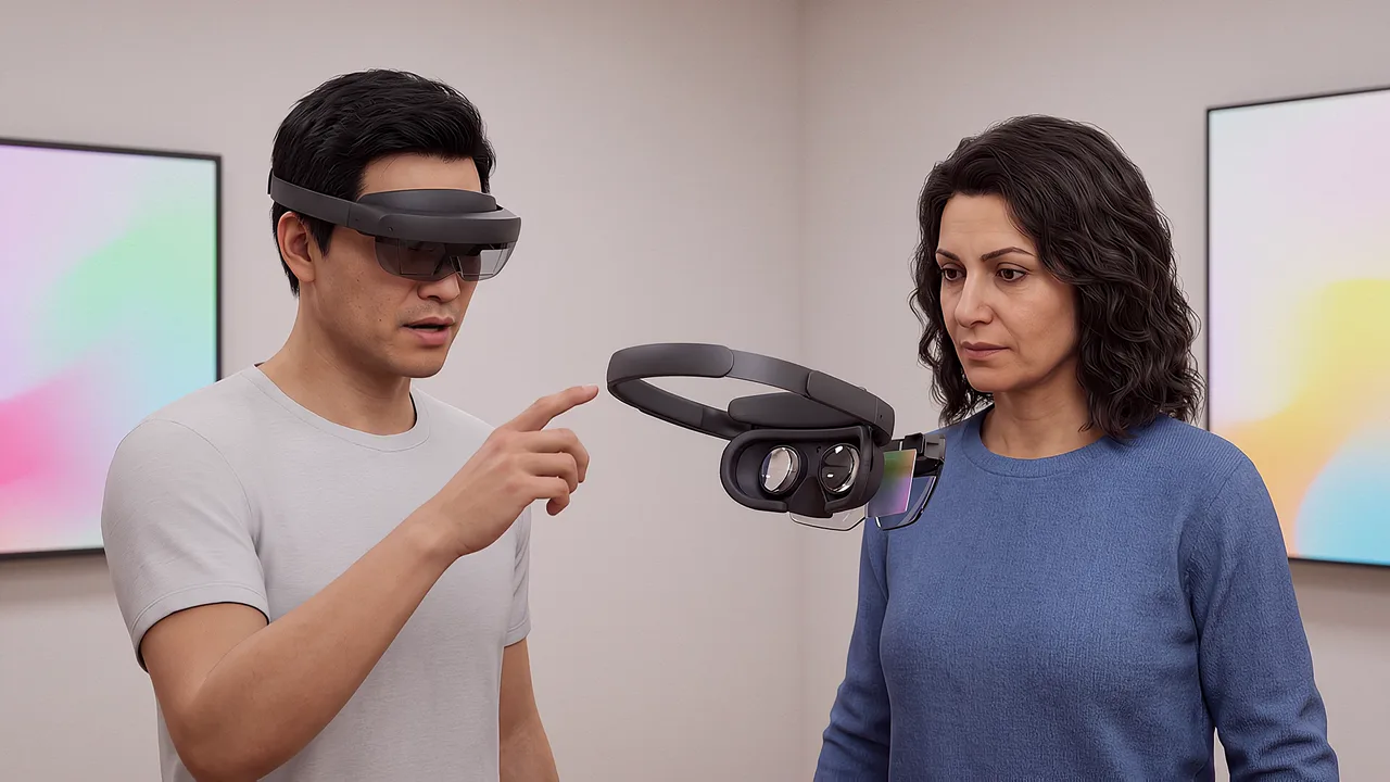 A man holds up a headset to show a colleague its lenses.