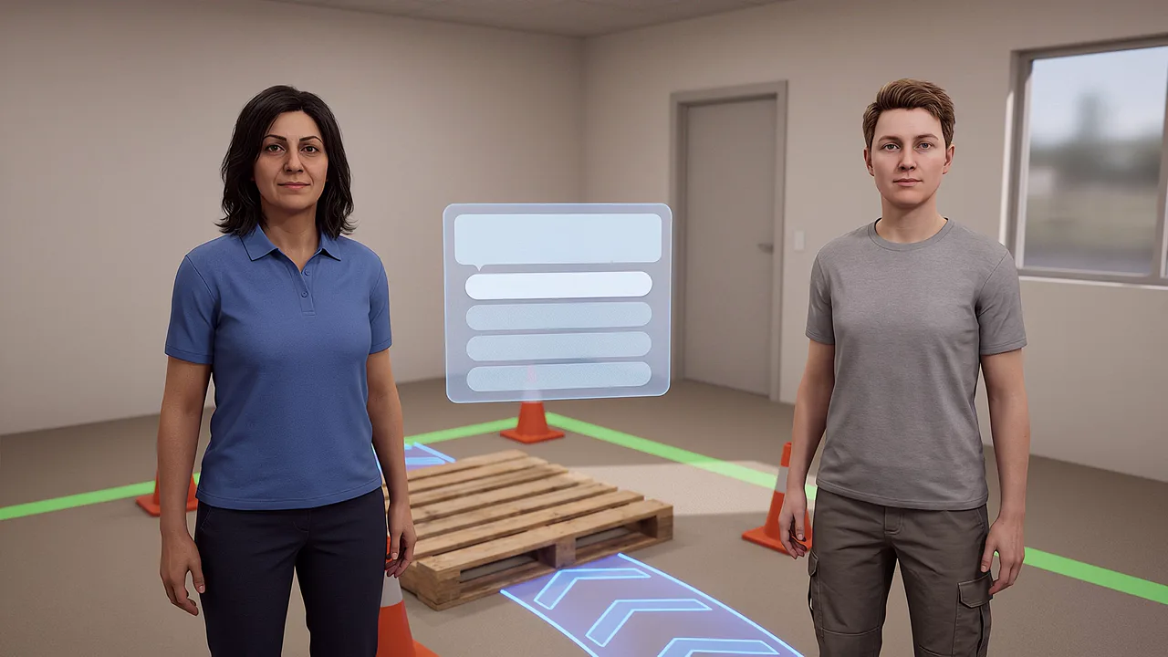 Two guides stand beside route markers. A first person VR training scenario for what is extended reality, seen through the headset.