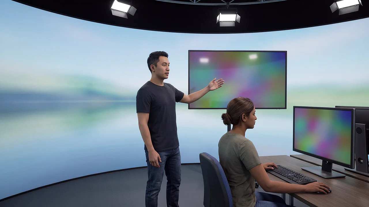 Two editors level a wraparound room preview on a monitor. A scene for PTR's 360 experiences.