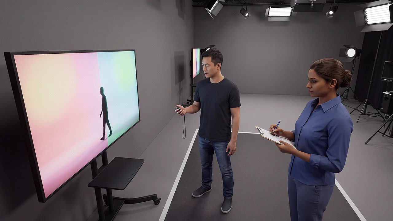 A person walks through an aisle while a 360 camera records. A scene for PTR's 360 experiences.