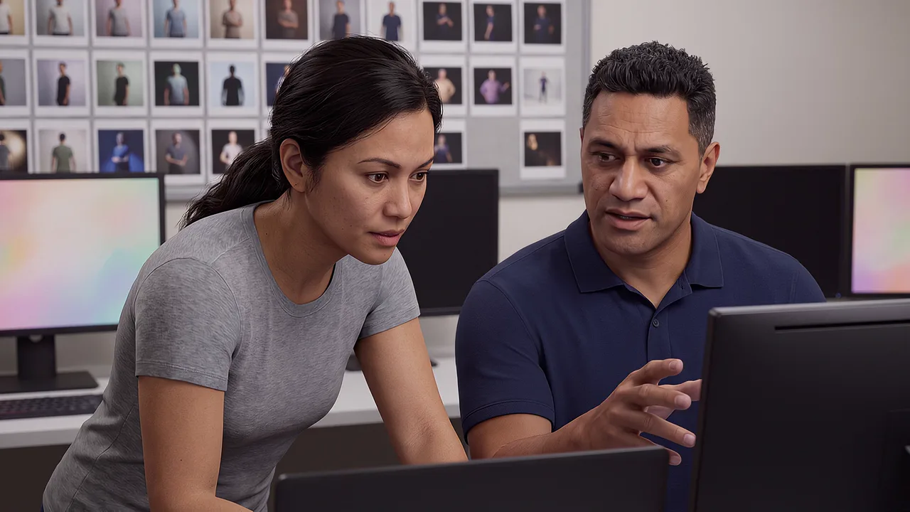Two specialists compare images on a screen, a wall of tracked photos behind them.