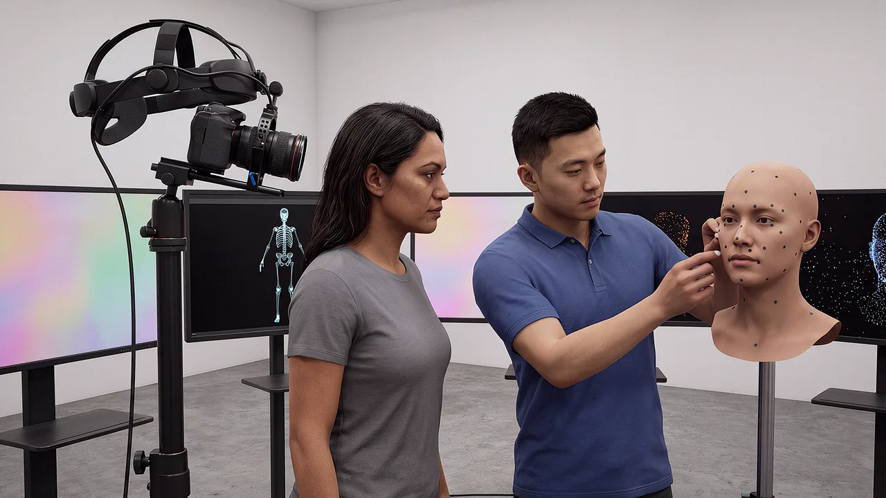 Artists check facial markers with a headset. A VR training scenario for immersive training and roleplay.