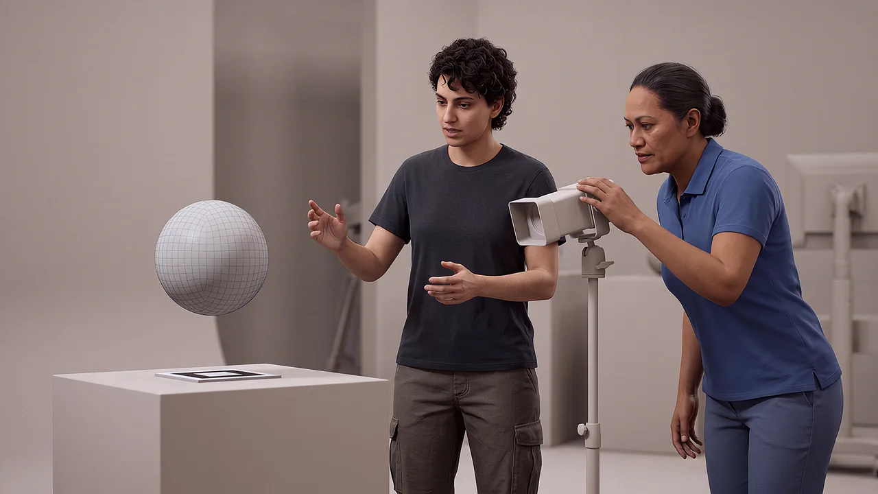 Two people check an AR sphere marker. A VR training scenario for augmented reality.