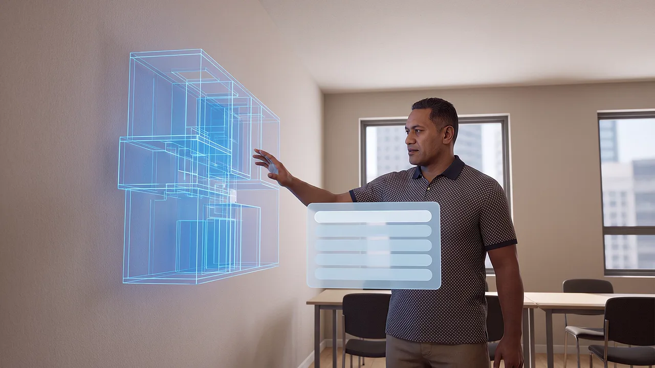 An AR plan anchors to a wall. A first person VR training scenario for augmented reality, seen through the headset.