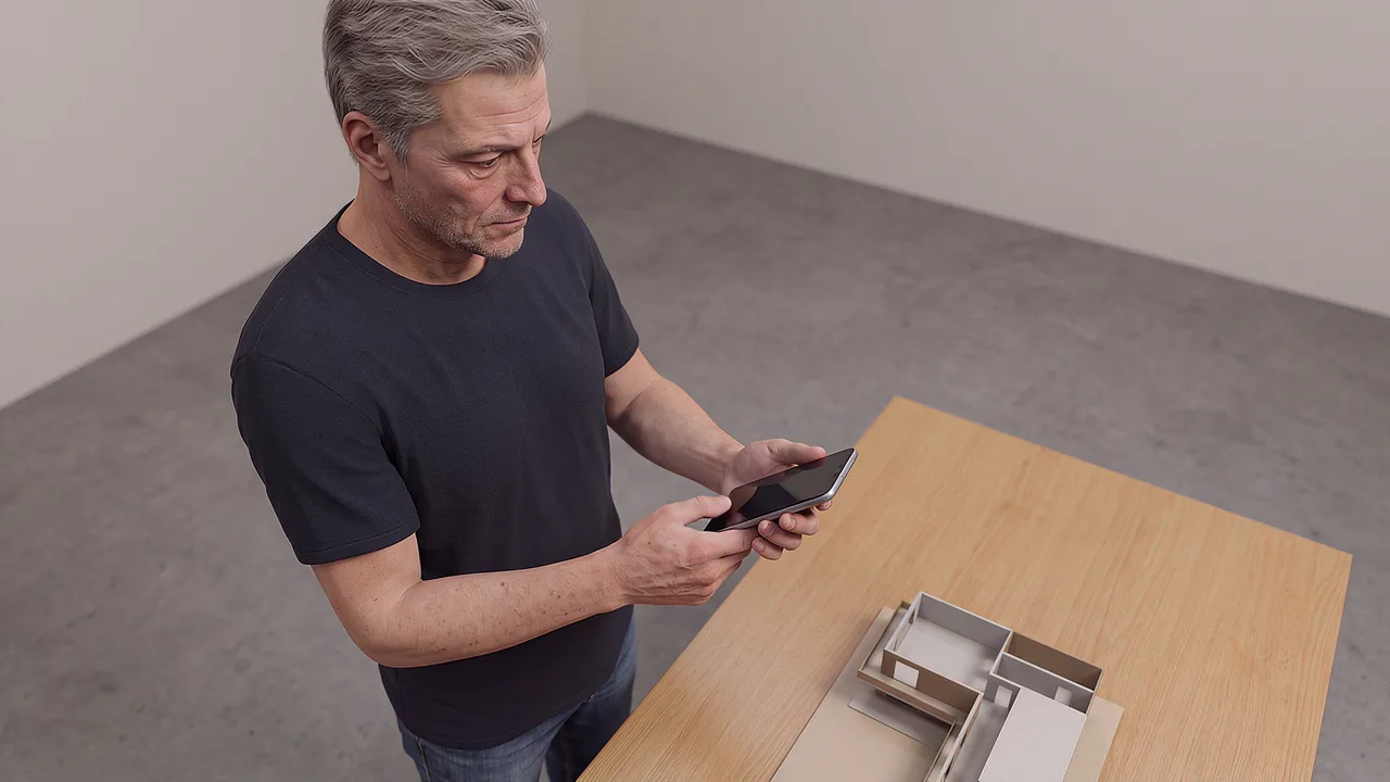 A participant views an AR structure. A VR training scenario for augmented reality.