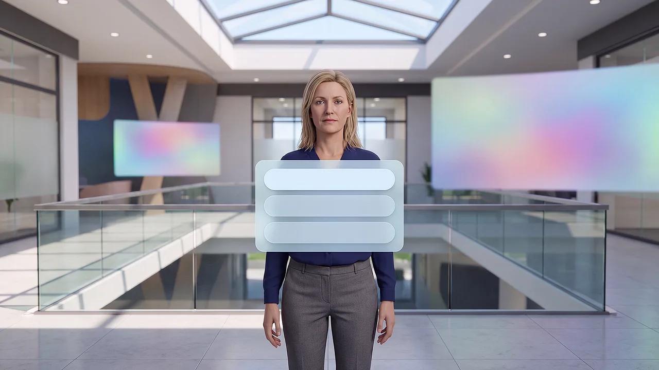 Two choice objects hover in an atrium, seen through the headset.