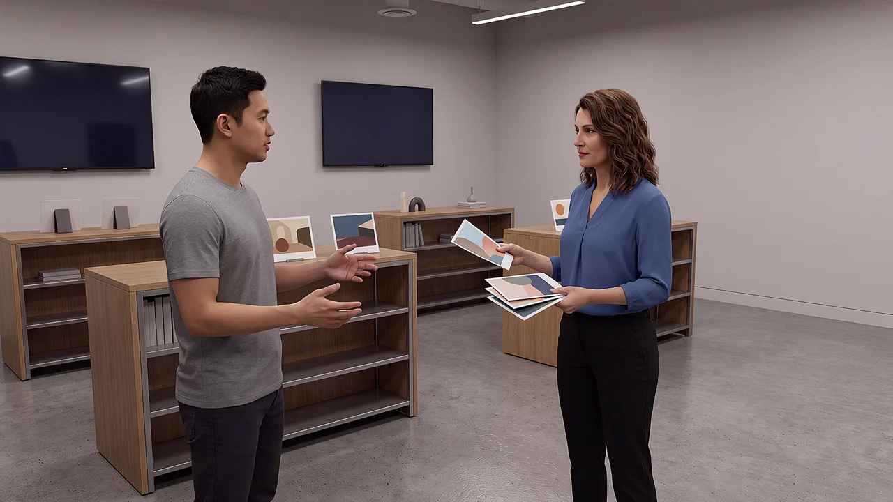 Two people compare VR Library scene cards at a table.