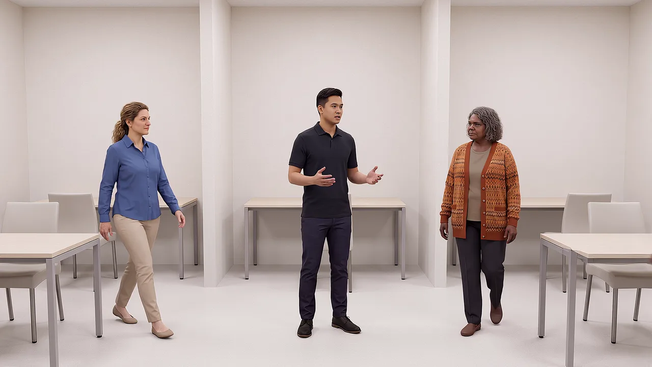 Three people gather in a ring in a VR workshop, one wearing the headset.