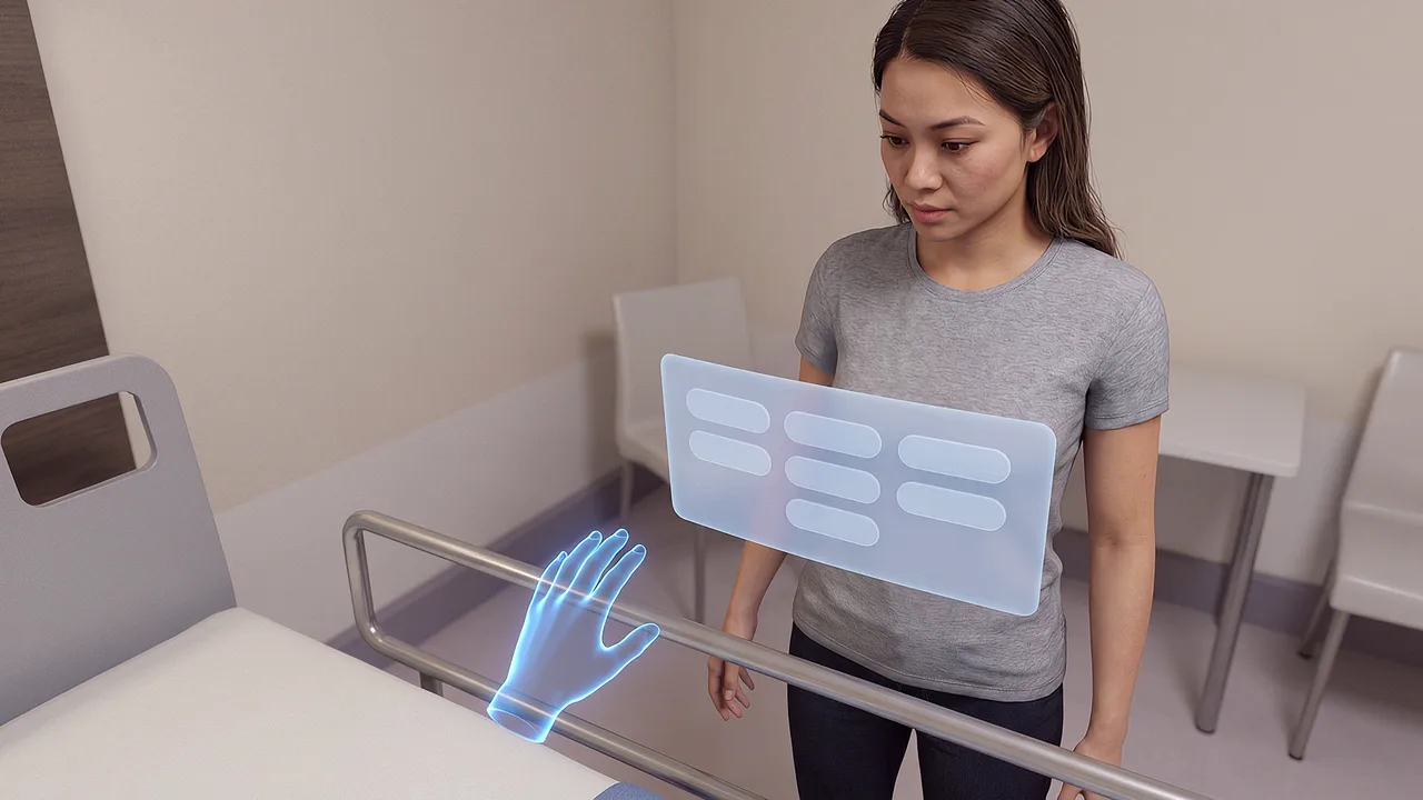 A virtual hand aligns with a bedrail. A first person VR training scenario for mixed reality, seen through the headset.