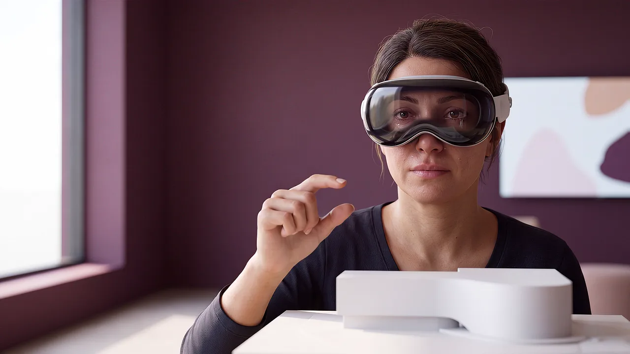 A designer wearing a headset pinches beside a smooth white model, the critique pass on a scenario. An AI roleplay scenario for applied AI in sensitive conversations.