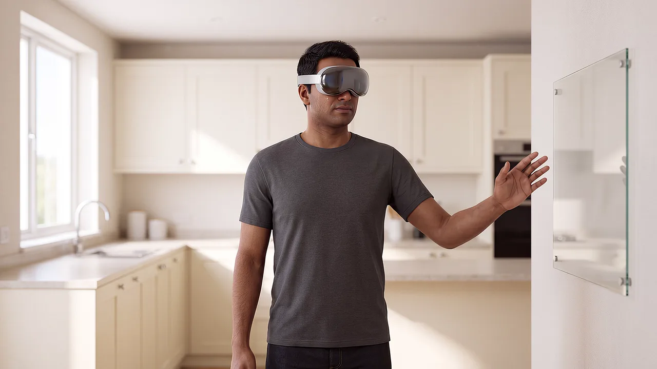 A man wearing a headset gestures with one hand in a bright kitchen, a sink and cupboards behind him.
