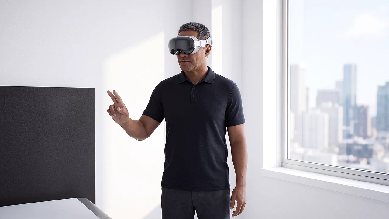 A man wearing a headset stands by a window over a city and points at a dark panel, describing a situation.