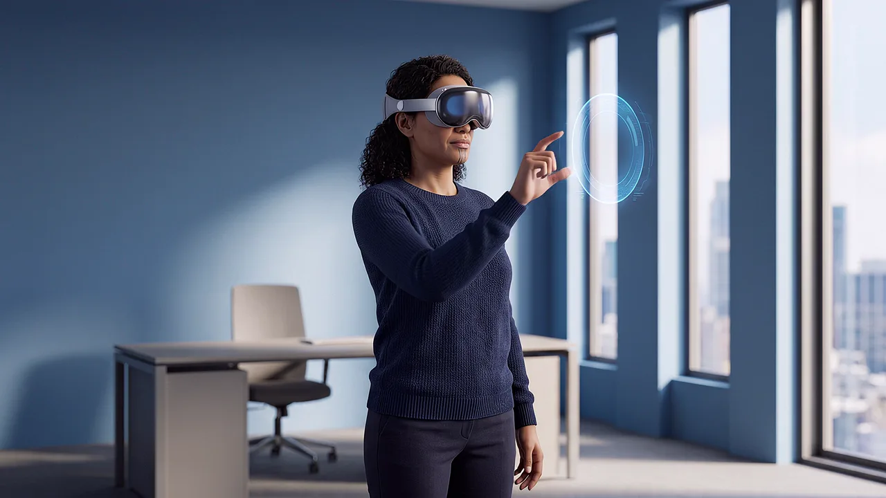 A woman wearing a headset reaches toward a glowing ring in the air in a blue-walled office, a VR workplace scenario.