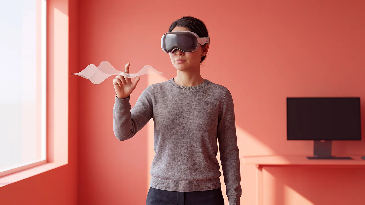 A woman wearing a mixed-reality headset reaches toward a floating ribbon shape, a support conversation run inside a headset.