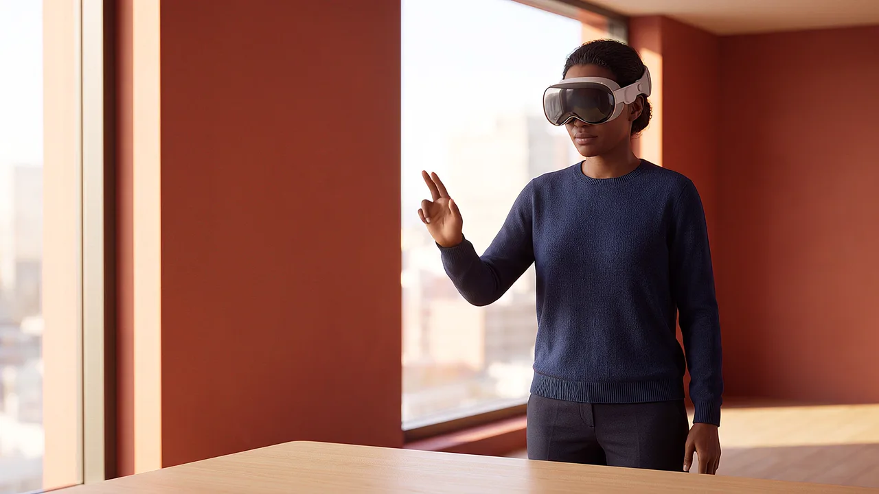 A woman wearing a headset raises one hand mid-sentence in a room with a rust-red wall and a window onto a city, a VR workplace scenario.