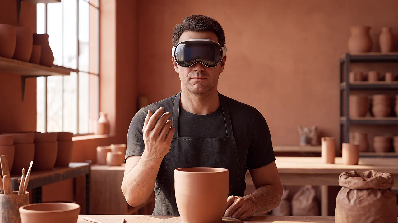 A potter tests a shaping gesture beside a pot in the studio.