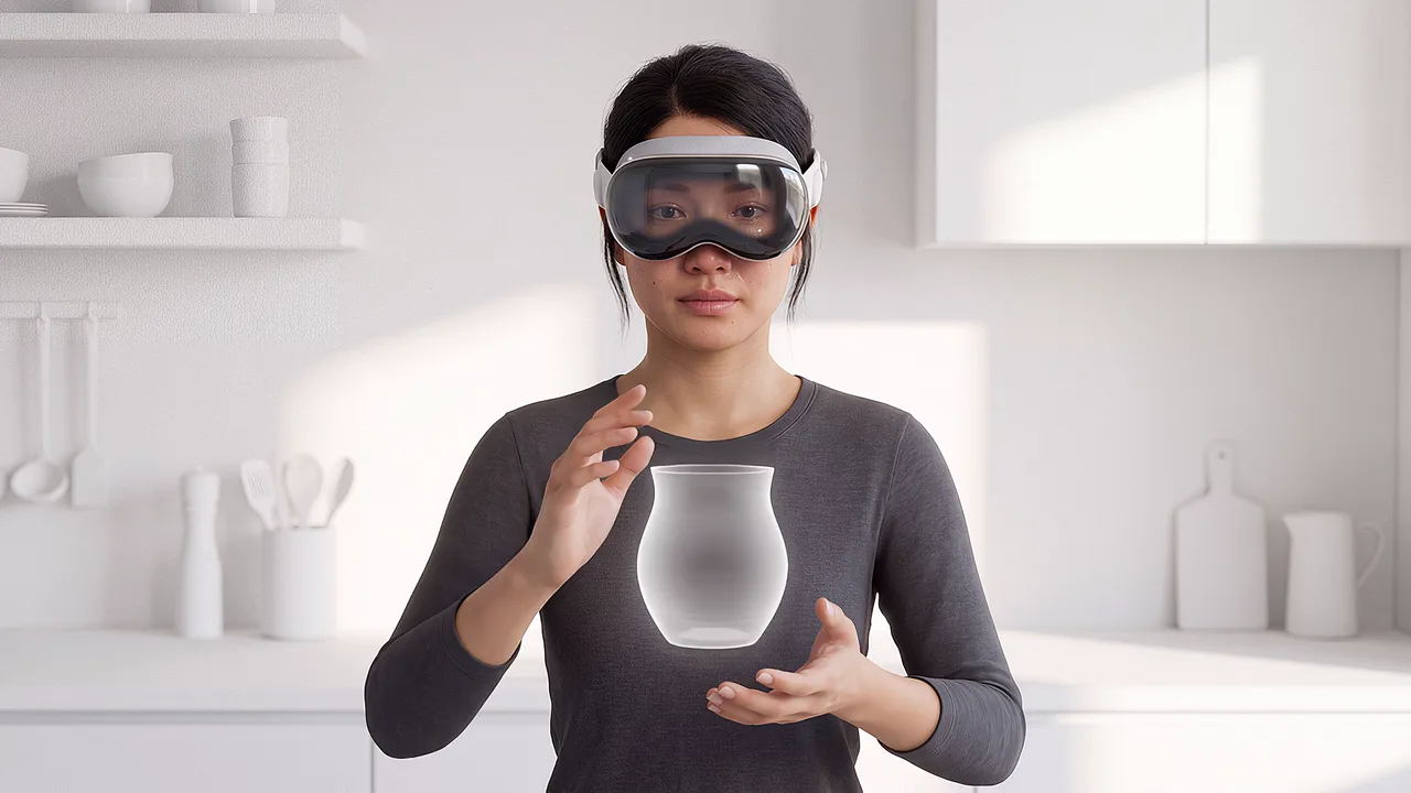 A woman wearing a headset shapes a translucent jug between her hands in a white kitchen. A VR cooking scene.