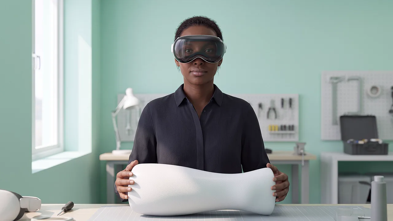 A woman wearing a headset holds a white brace form between both hands at a workshop bench, tools on the wall behind.