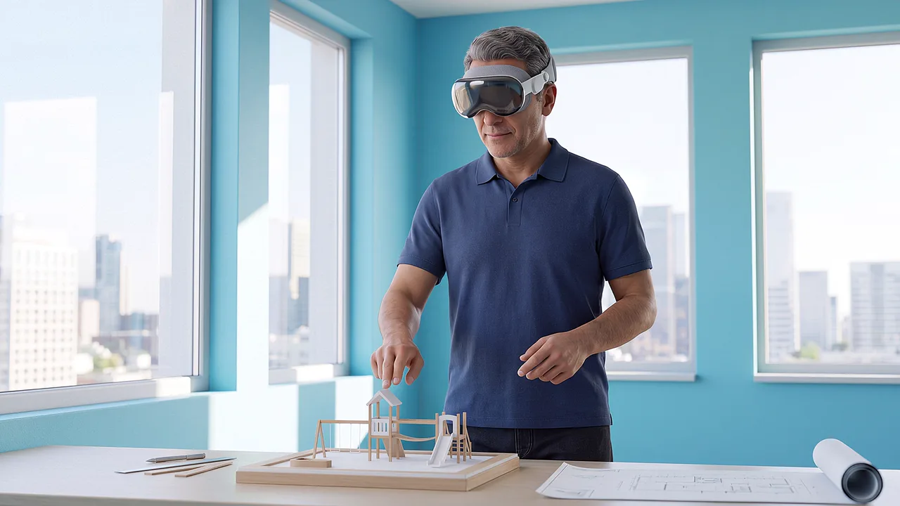 A designer checks a playground model on the studio table.