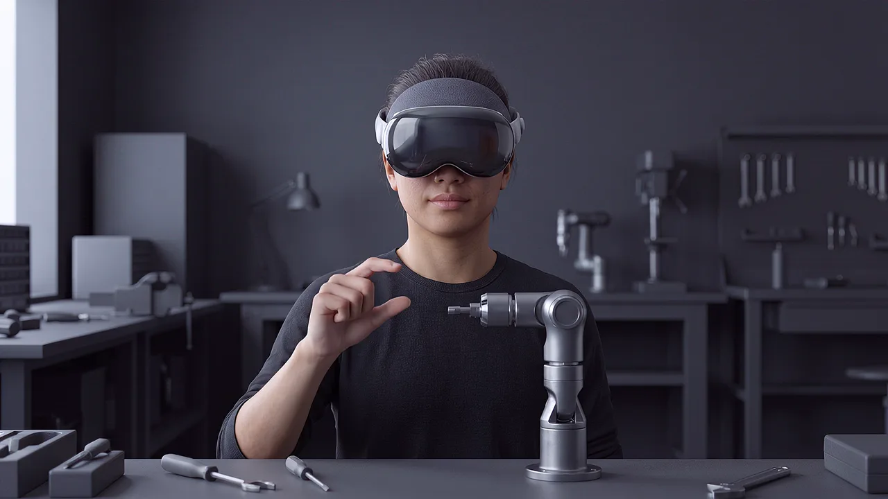 A robot arm on a bench, adjusted by hand in a headset, a rapid prototyping scenario for fast builds.