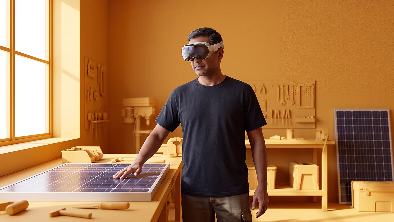 A solar designer checks a panel layout at the workshop table.