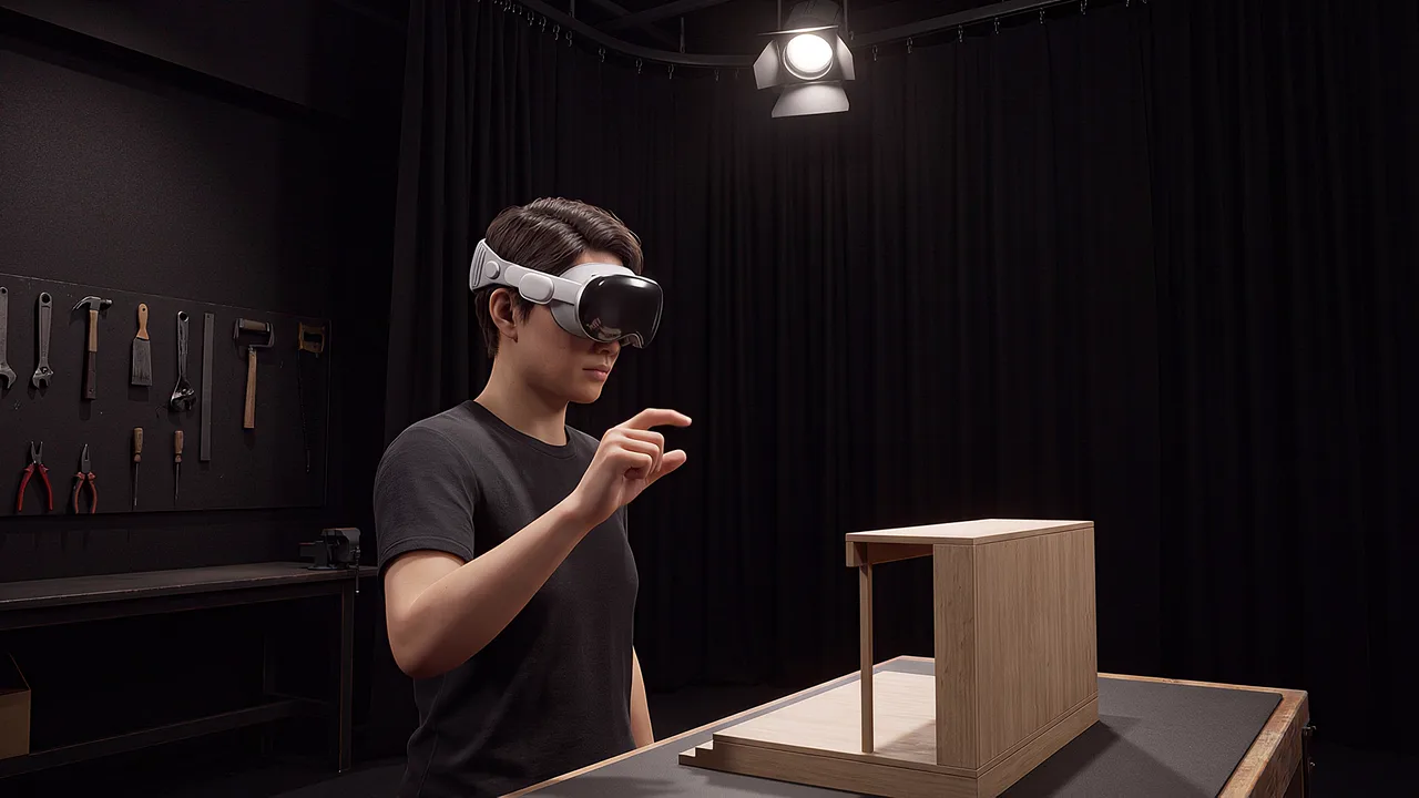 The stage set, blocked out in the headset before a single flat is built. A rapid prototyping scenario for fast builds, from idea to working product.