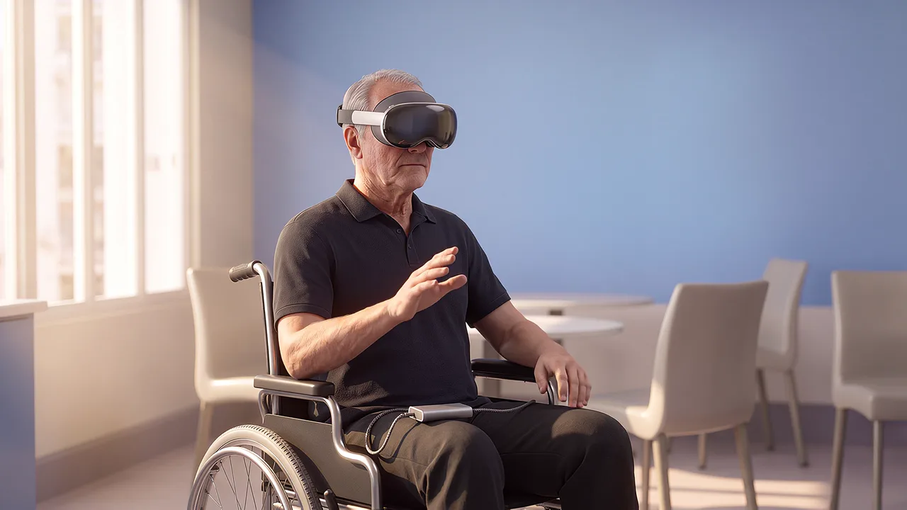 A wheelchair user wearing a headset sits in a care lounge, a window and armchairs behind.