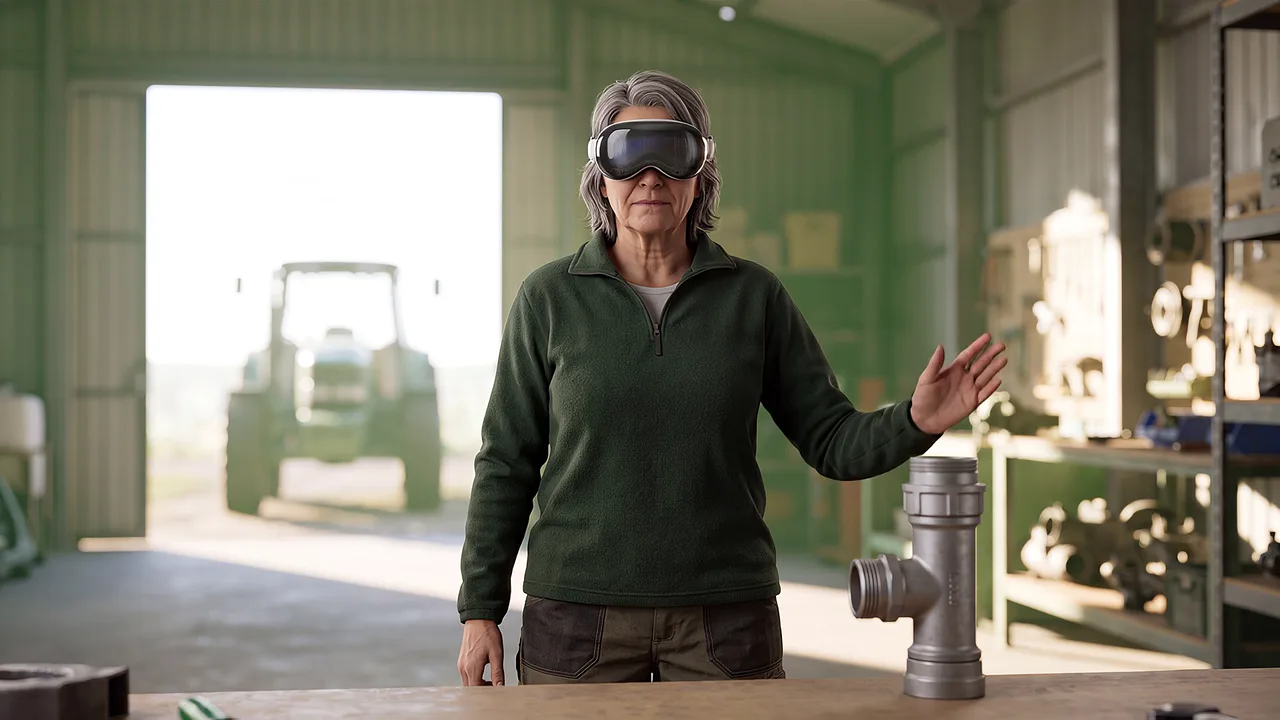 A farm worker practises reaching towards equipment at the workshop bench.