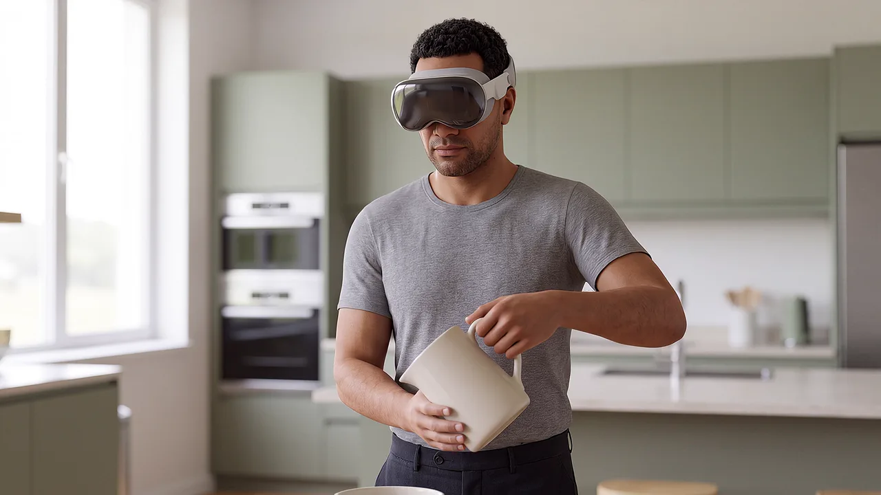 A man wearing a headset holds a jug at chest height in a kitchen, cupboards and a window behind him, a VR cooking scene.