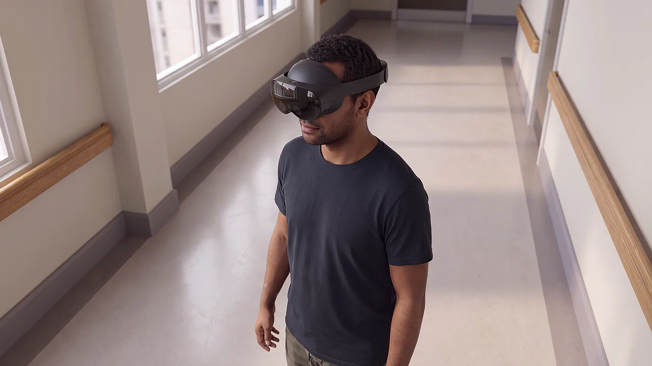A man wearing a headset stands in a clinic corridor with a handrail and windows. A scene for PTR's 360 experiences.