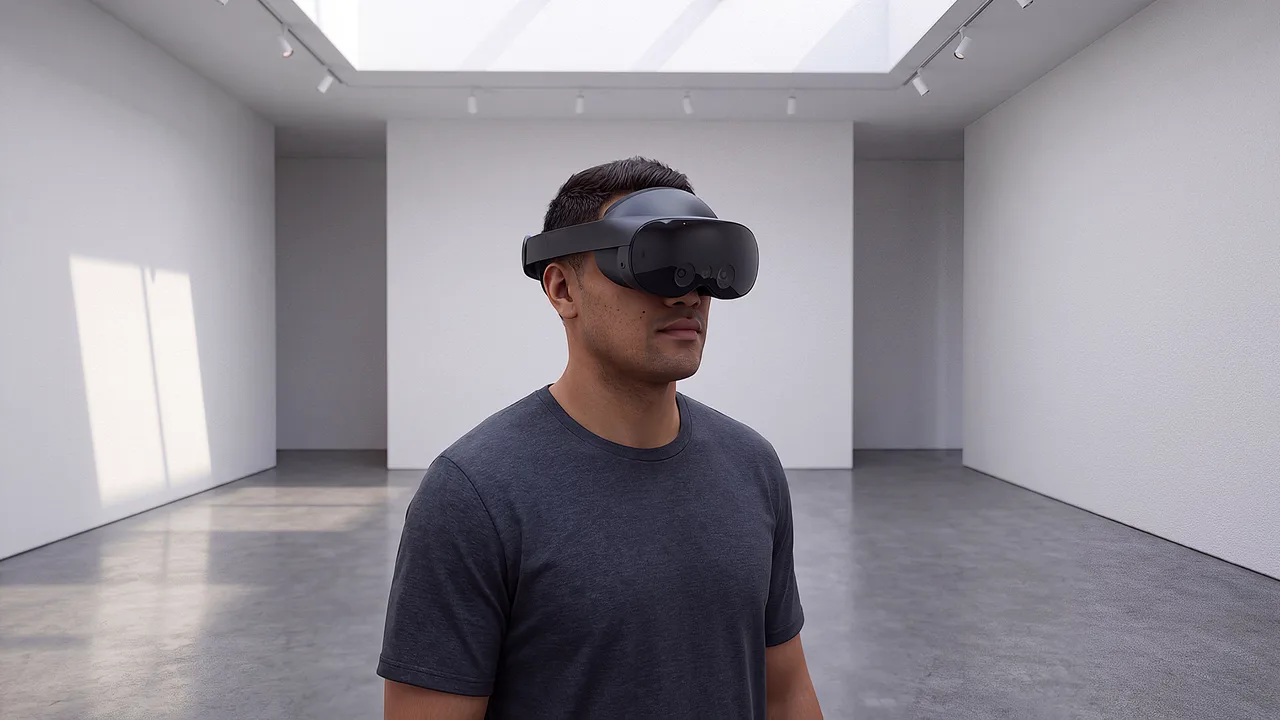 One person wears a headset in a gallery. A VR training scenario for virtual reality training and simulation.