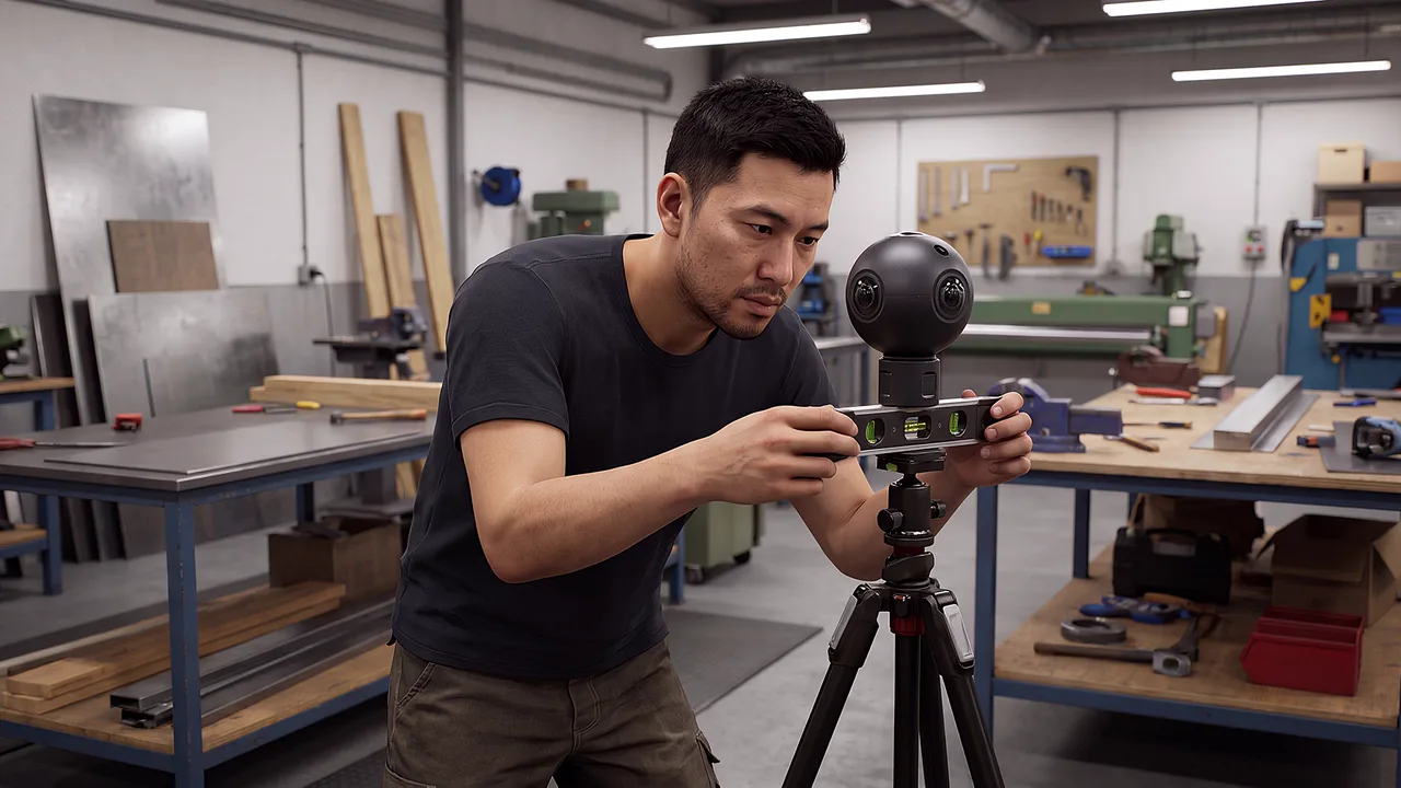 A man at a workshop bench adjusts a 360 camera on a tripod, timber and tools around him. A scene for PTR's 360 experiences.