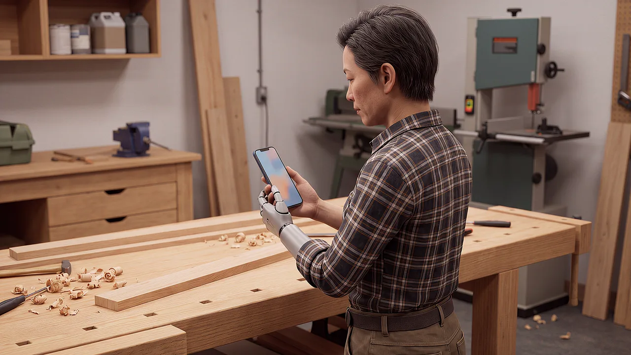 A phone shows coloured shapes among timber tools. A rapid prototyping scenario for fast builds, from idea to working product.