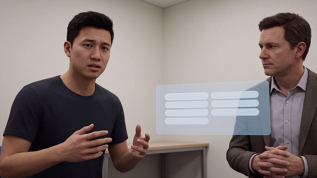 Relative gestures beside a facilitator. A first person VR training scenario for healthcare, seen through the headset.