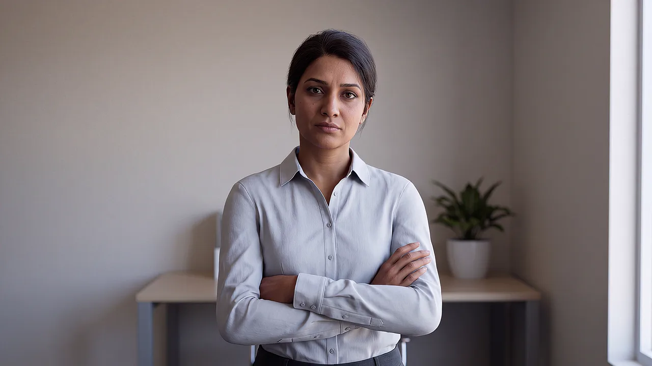 A woman in a work shirt stands facing camera with arms folded, an AI-simulated colleague in a workplace roleplay.